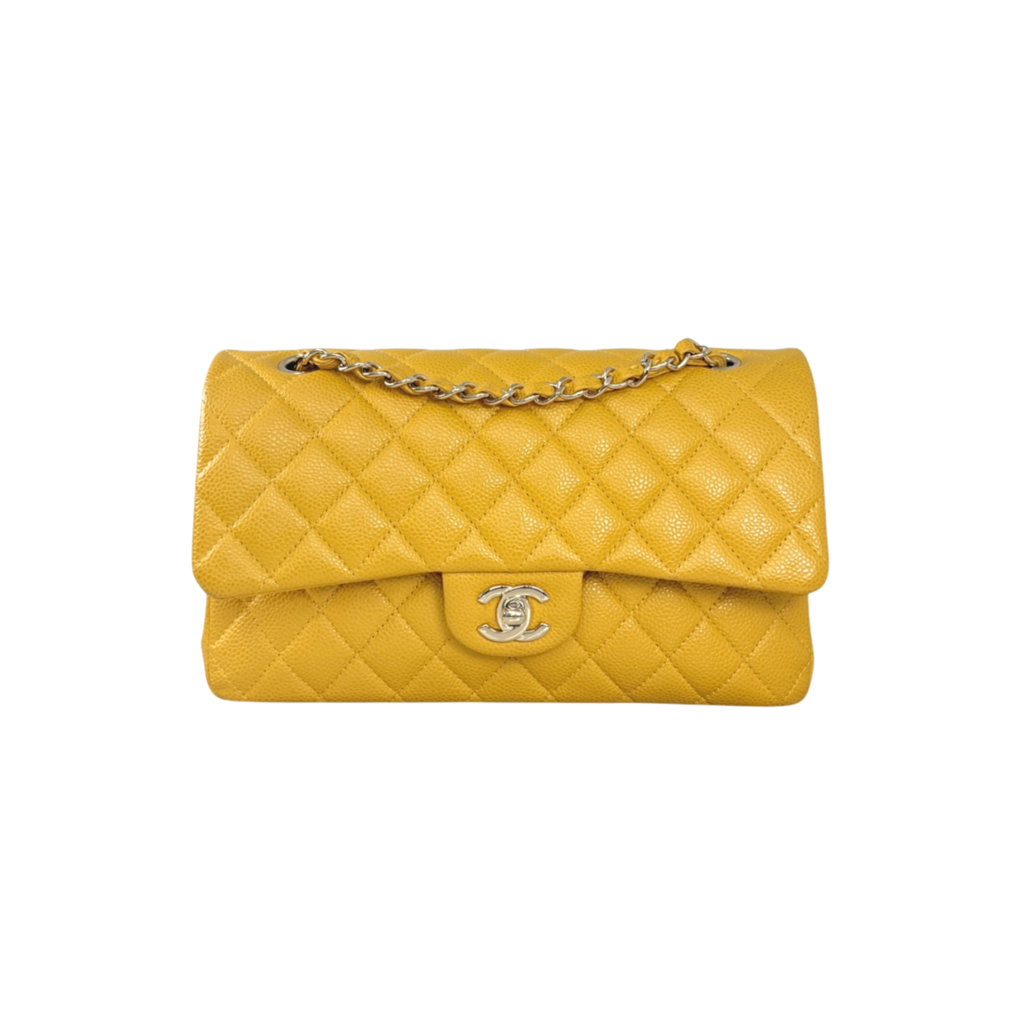 Classic Double Flap Medium Mustard Caviar Leather Gold Hardware