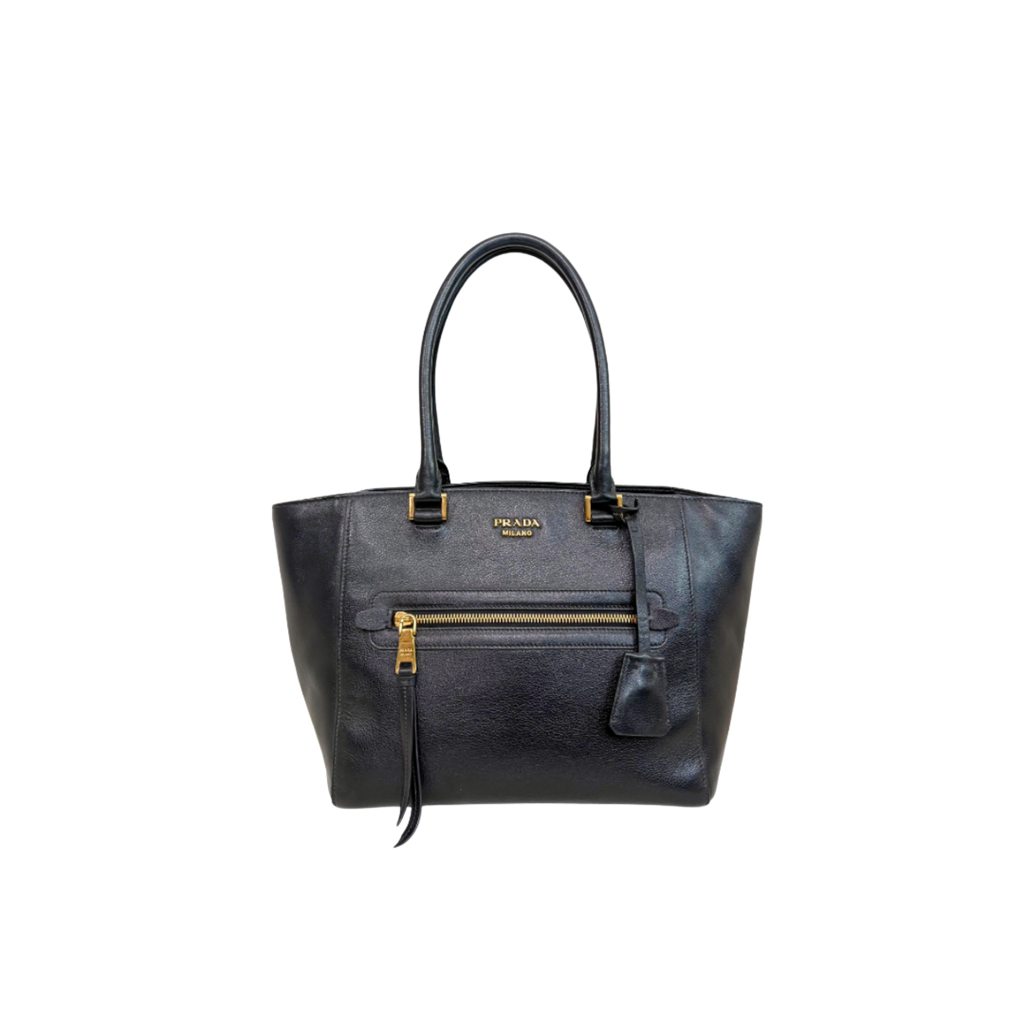 Two Way Tote Bag Black Leather Gold Hardware