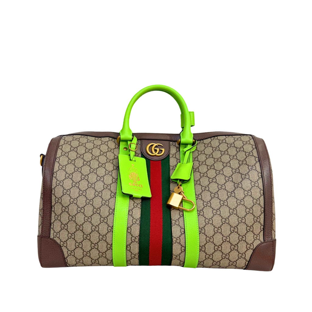 Savoy Duffle Bag GG Supreme Canvas Neon Green Gold Hardware