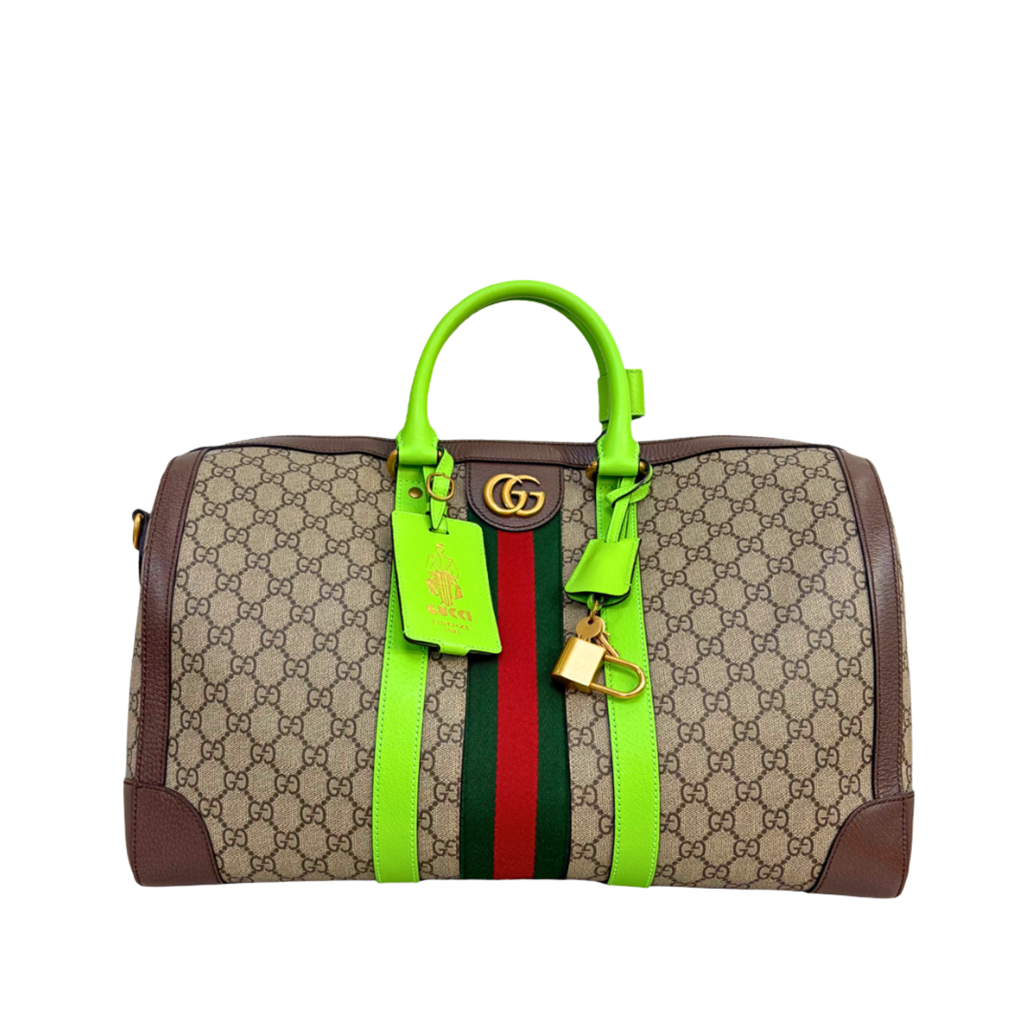 Savoy Duffle Bag GG Supreme Canvas Neon Green Gold Hardware