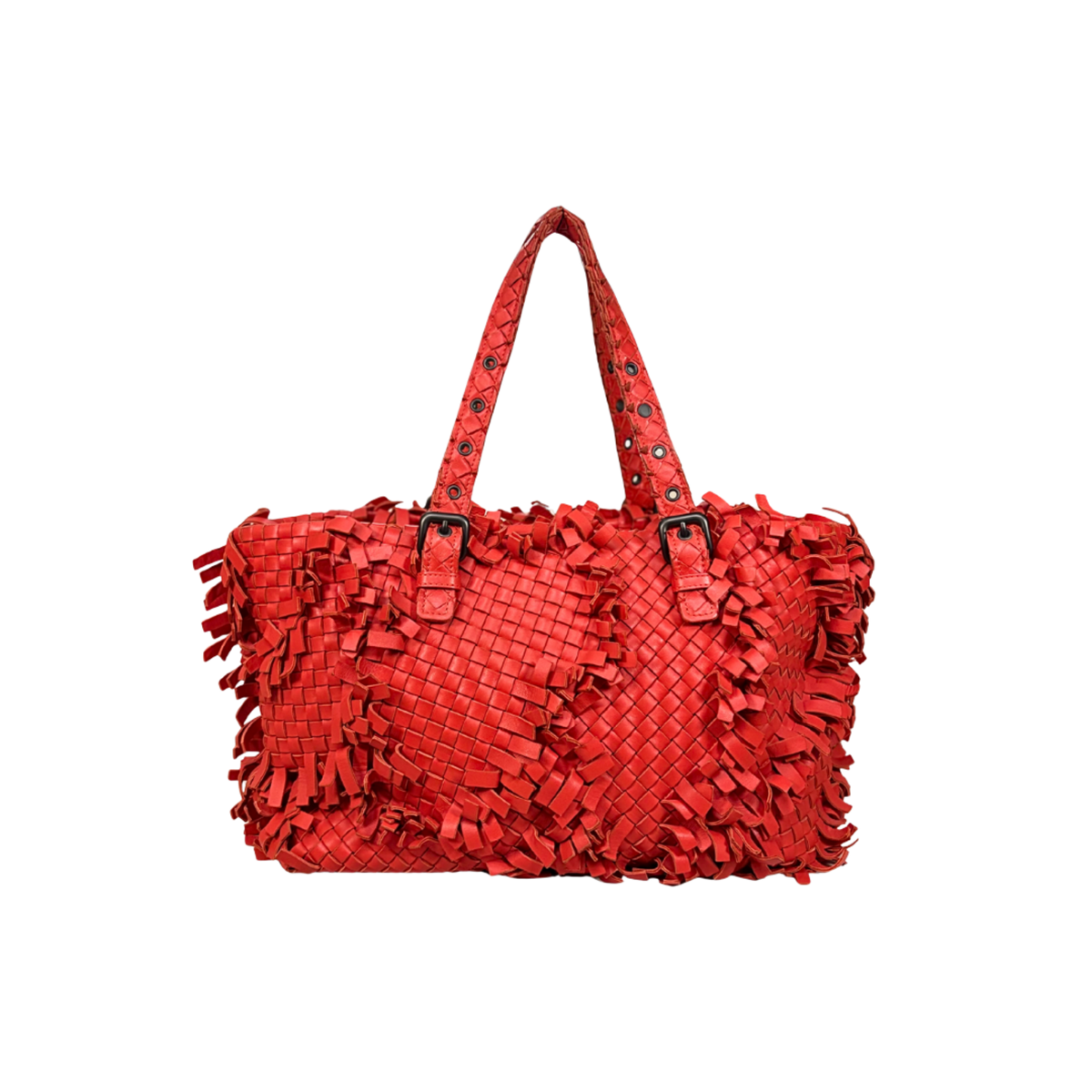 Nappa Intrecciato Lido Patchwork Fringe Tote Bag Red