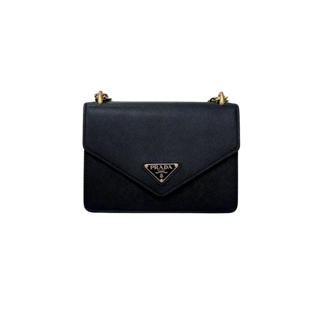 Envelope Shoulder Bag Saffiano Leather Black Gold Hardware
