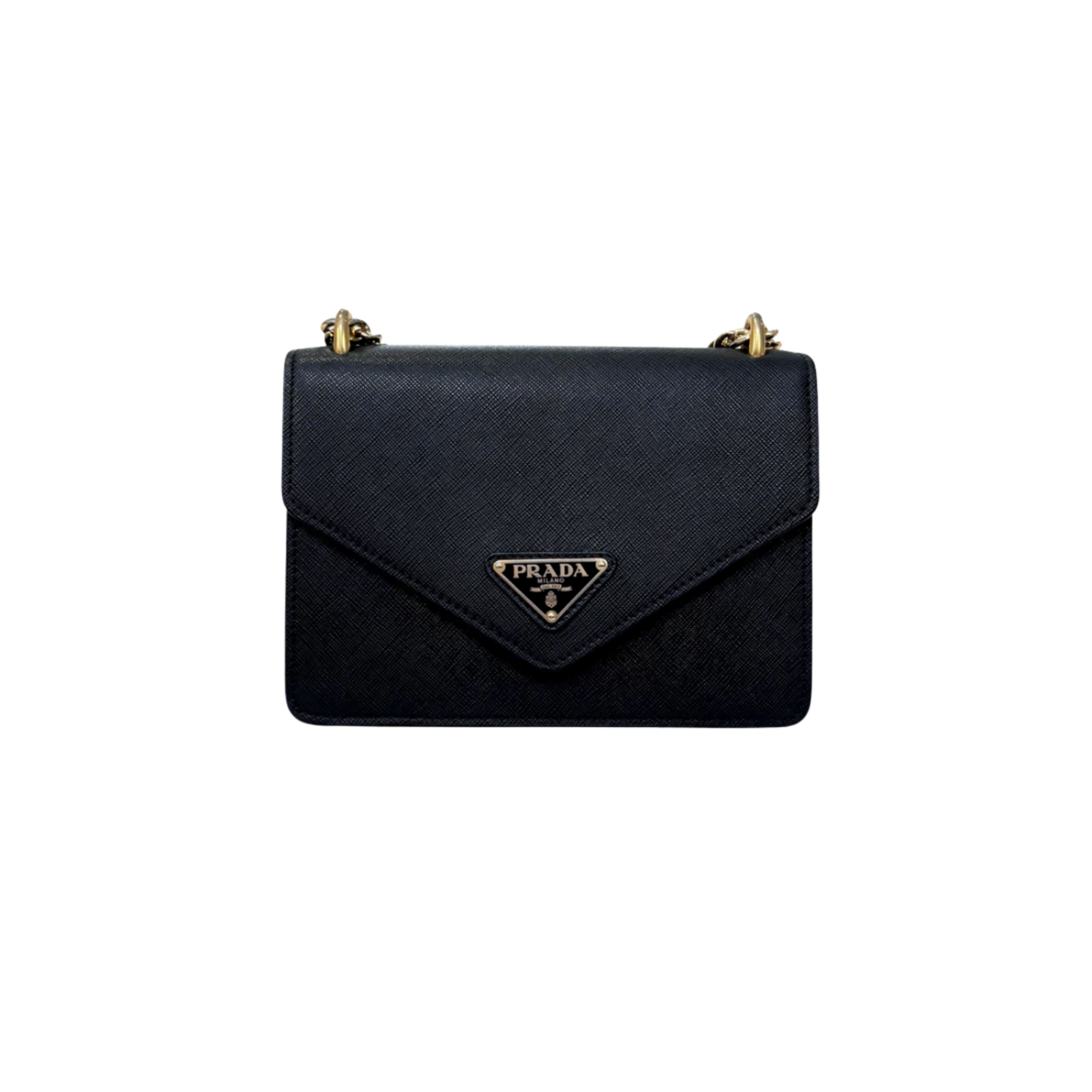 Envelope Shoulder Bag Saffiano Leather Black Gold Hardware