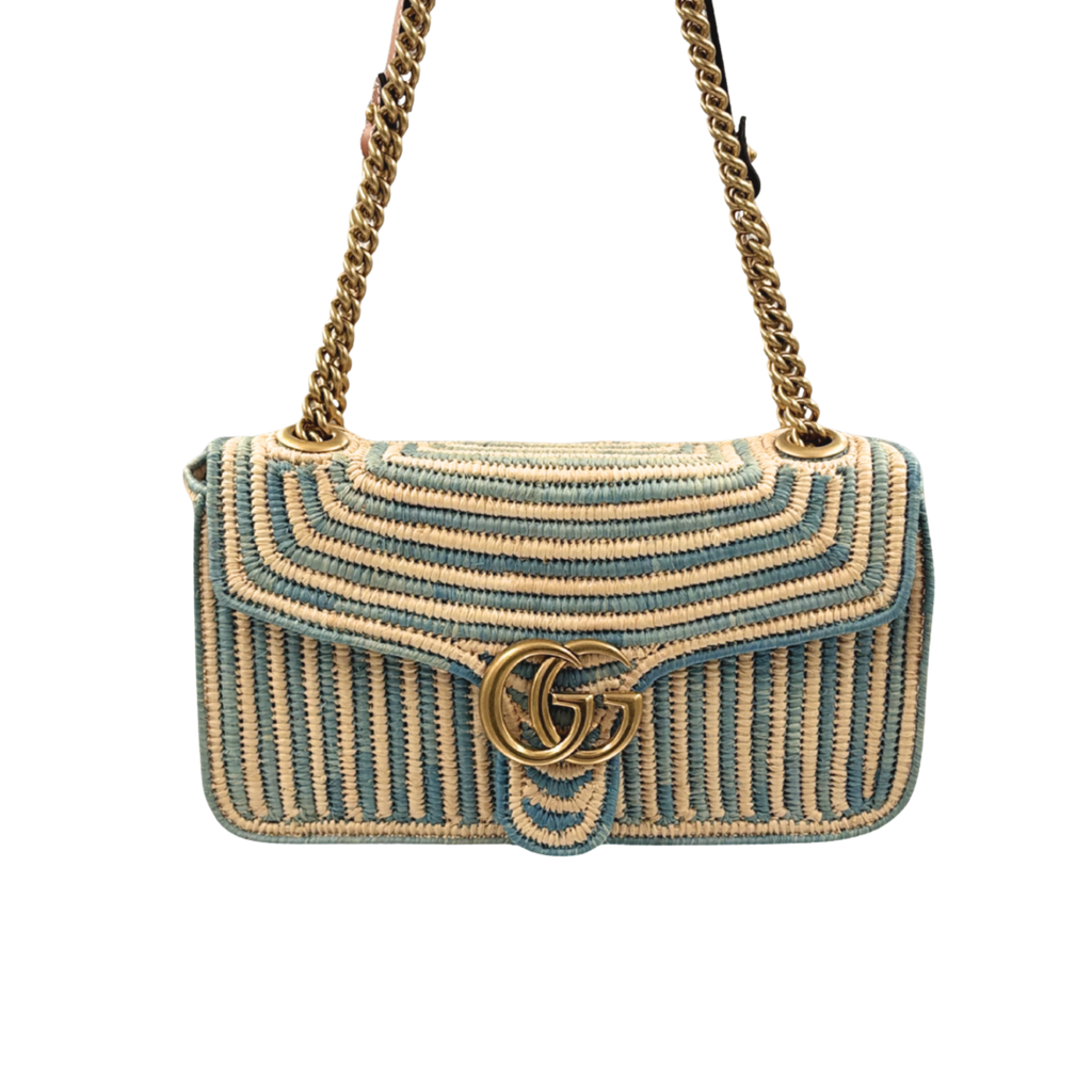 Raffia Woven Blue GG Marmont Shoulder Bag Gold Hardware