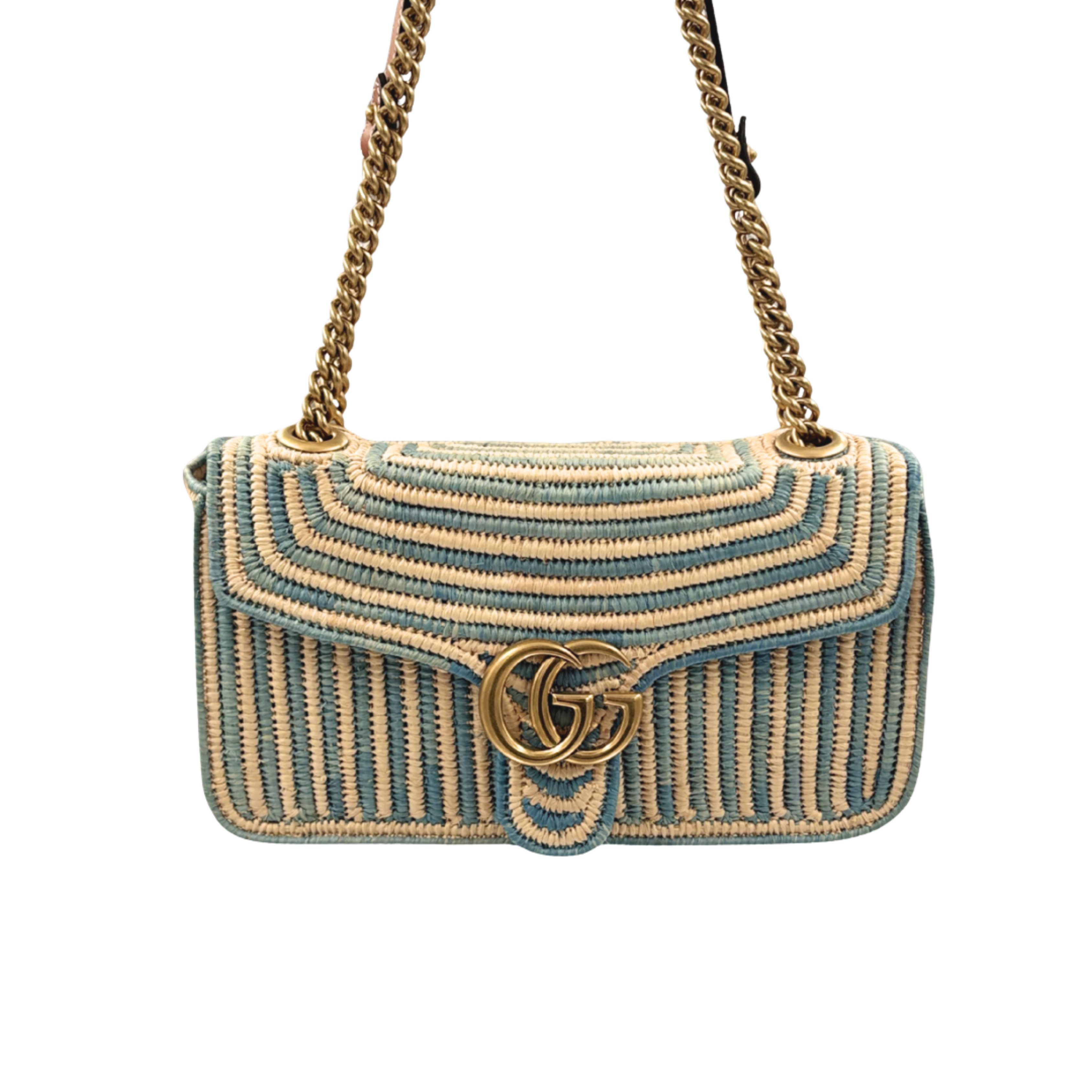 Raffia Woven Blue GG Marmont Shoulder Bag Gold Hardware