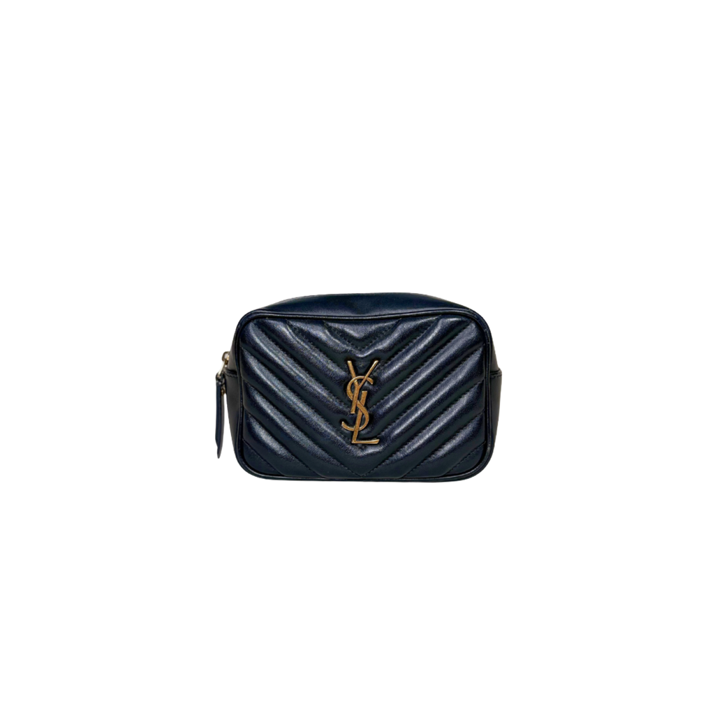 Camera Bag Chevron Black Calfskin Leather Gold Hardware