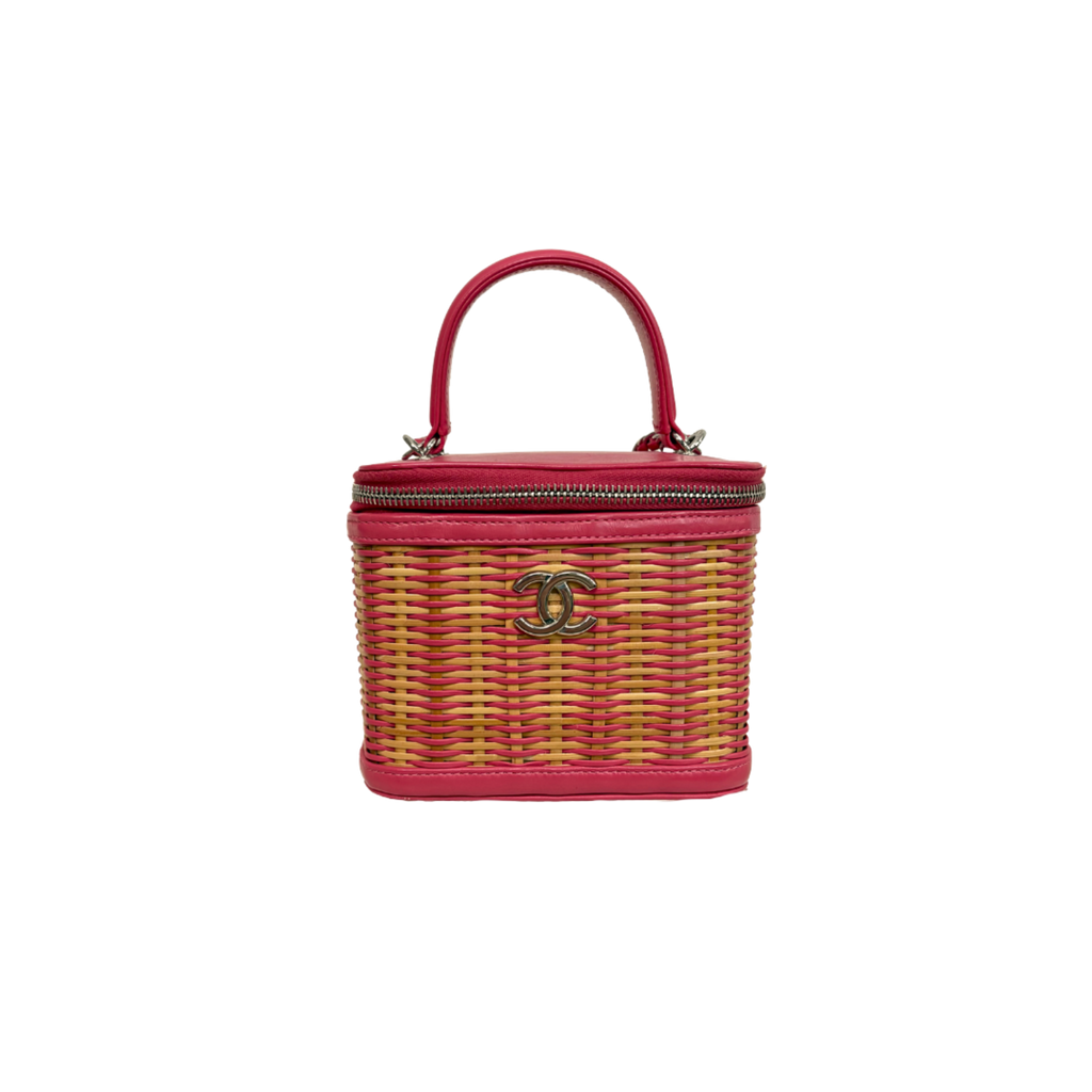 Take Away Vanity Case Top Handle Bag Salmon Pink Rattan Silver Hardware