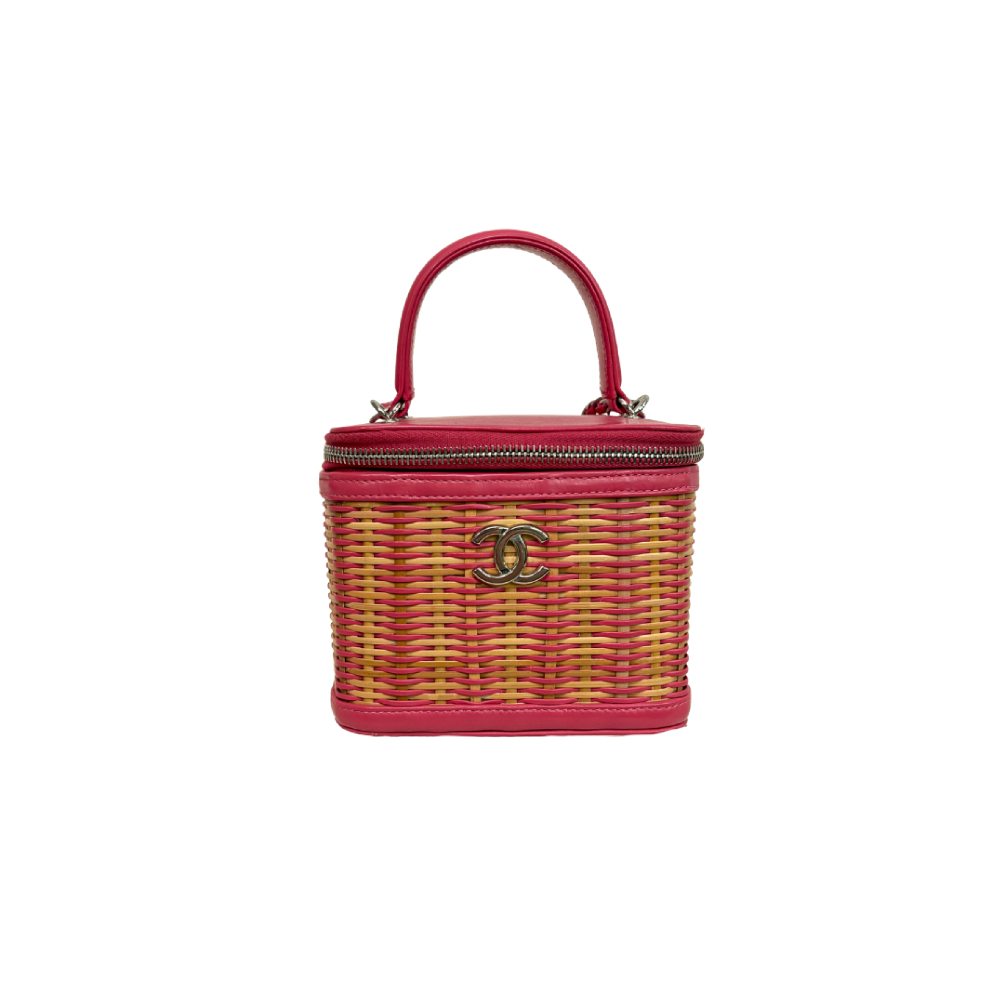 Take Away Vanity Case Top Handle Bag Salmon Pink Rattan Silver Hardware
