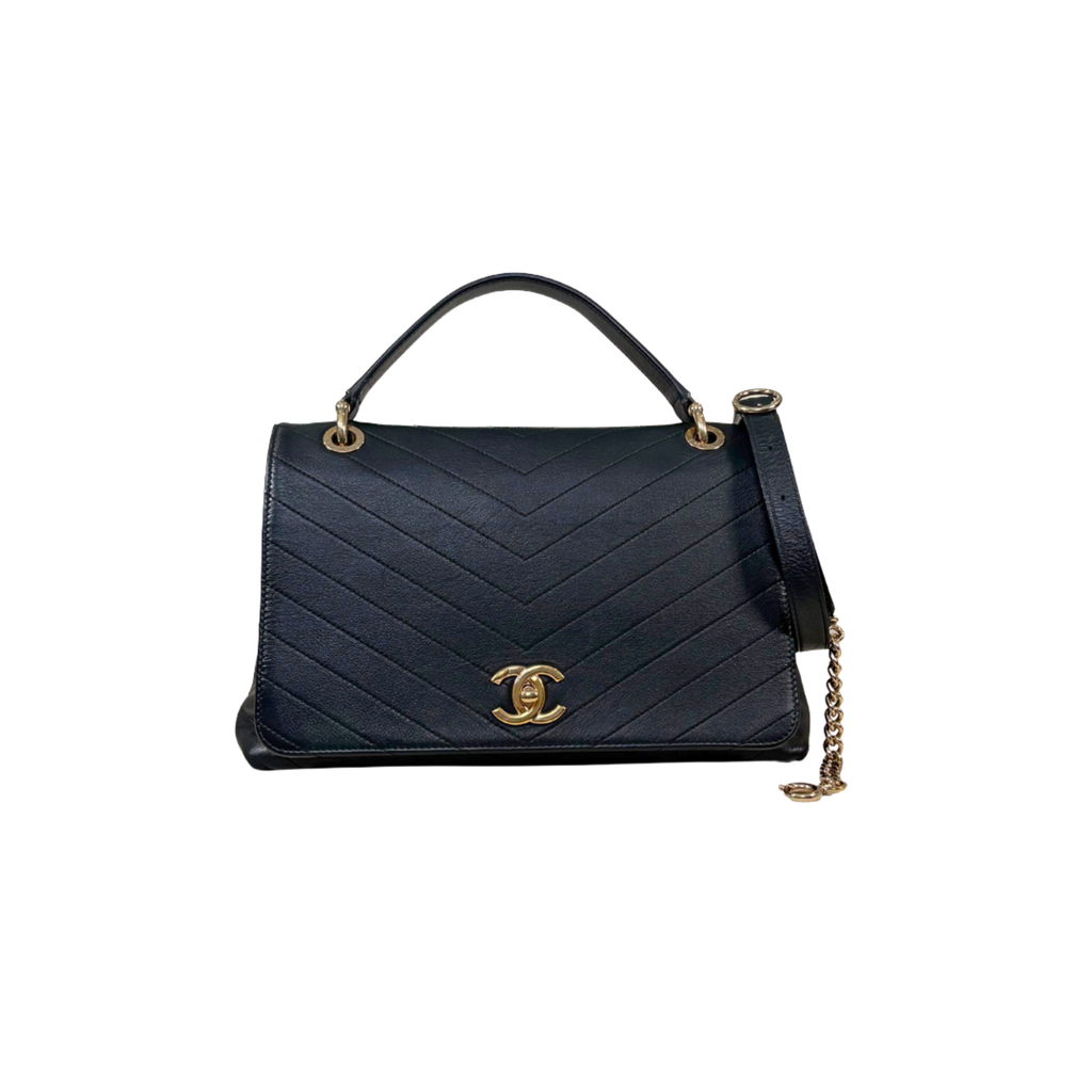 Chevron Chic Flap Bag Medium Black Calfskin Leather Gold Hardware