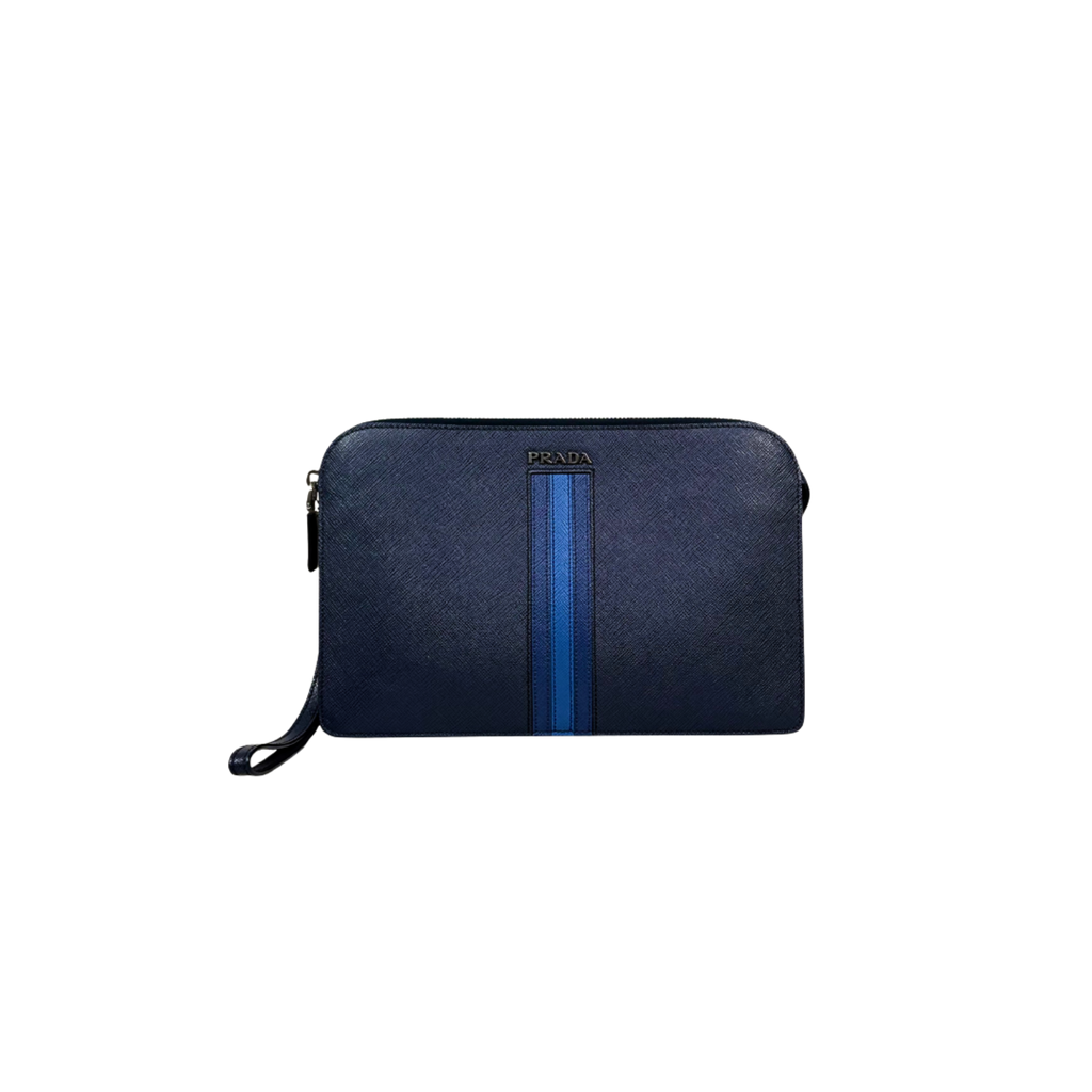Clutch Saffiano Leather Navy Blue Silver Hardware