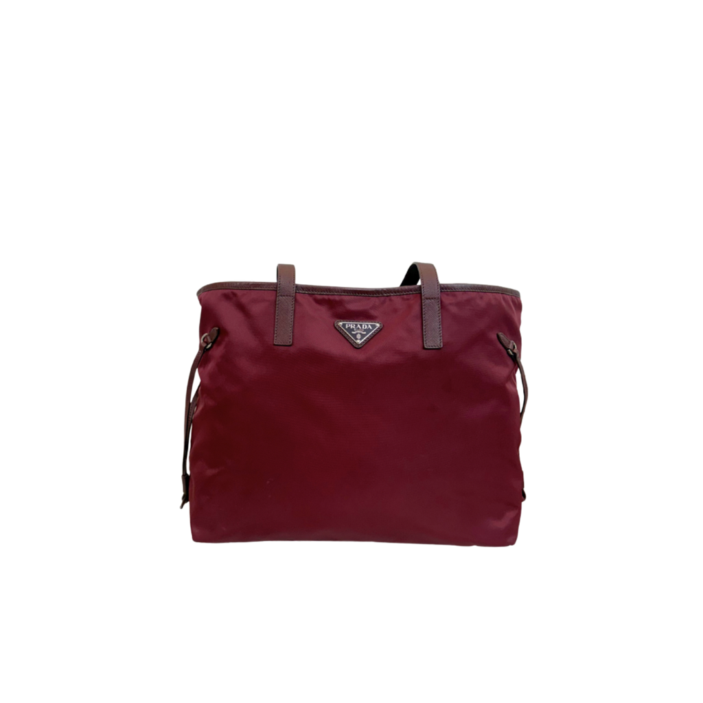 Tessuto Nylon Saffiano Tote Bag Burgundy Silver Hardware