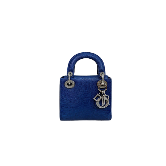Mini Lady Dior Bag Blue Lizard W/ Crystals Charms Silver Hardware