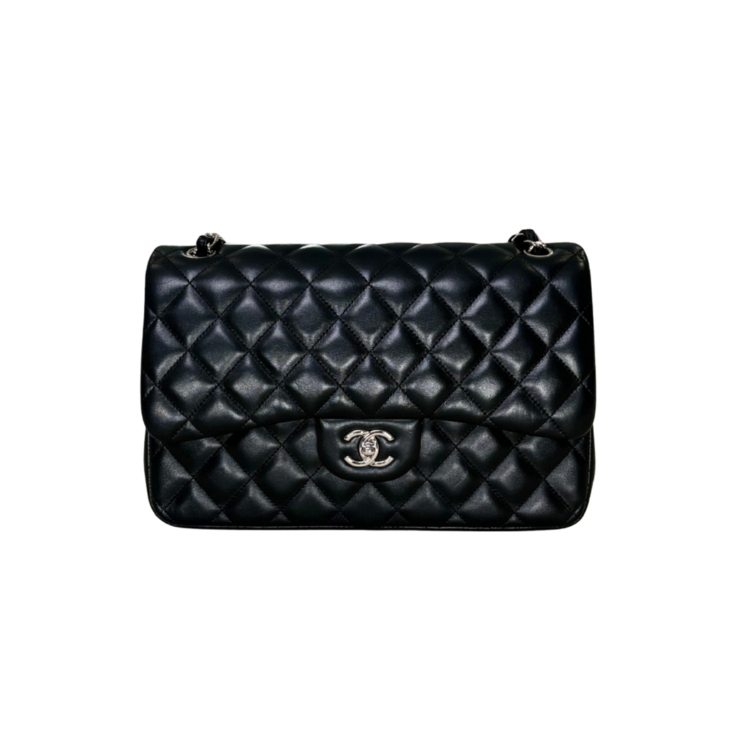 Classic Double Flap Jumbo Black Lambskin Leather Silver Hardware Series 26