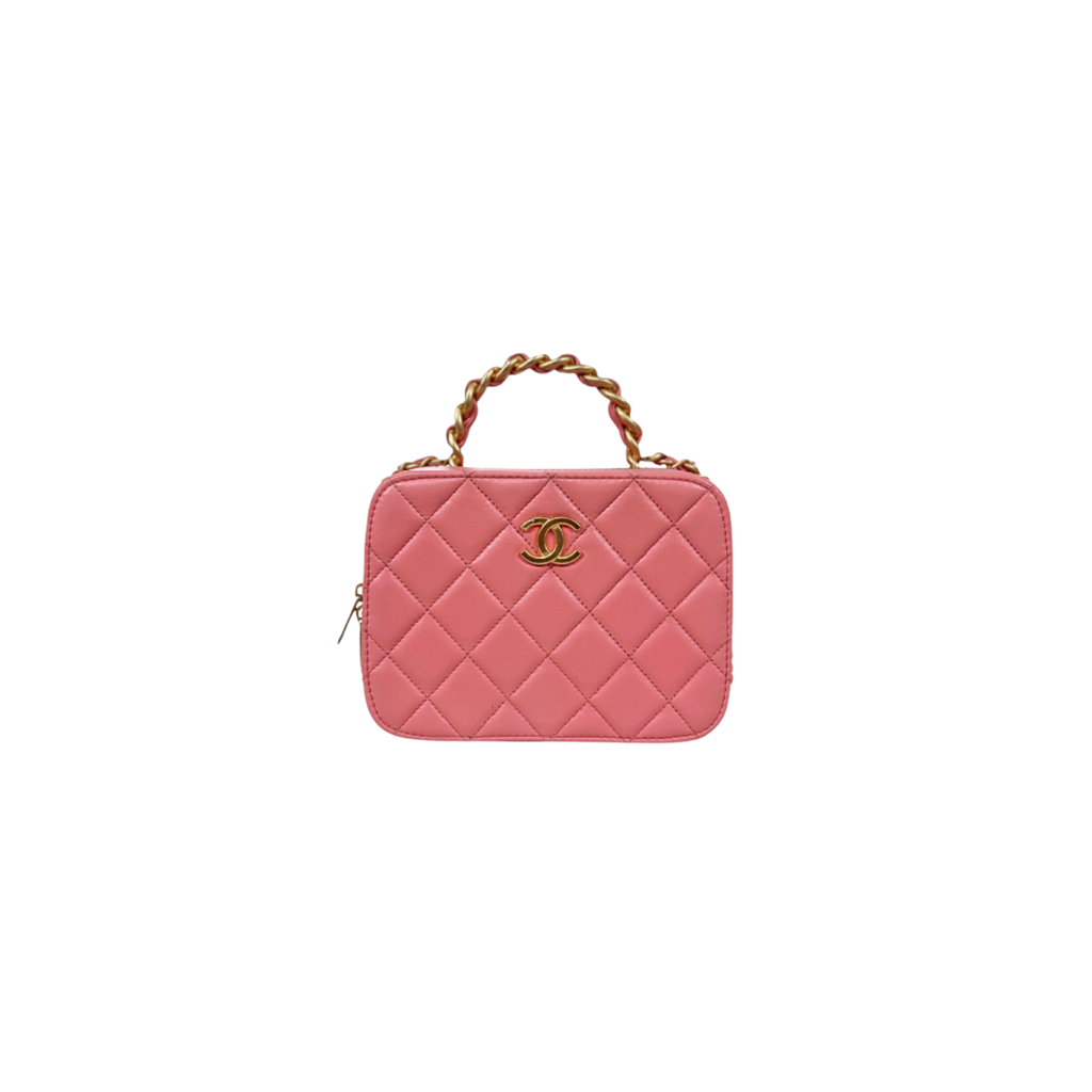 Vanity Top Handle Salmon Pink Lambskin Leather Gold Hardware Microchip