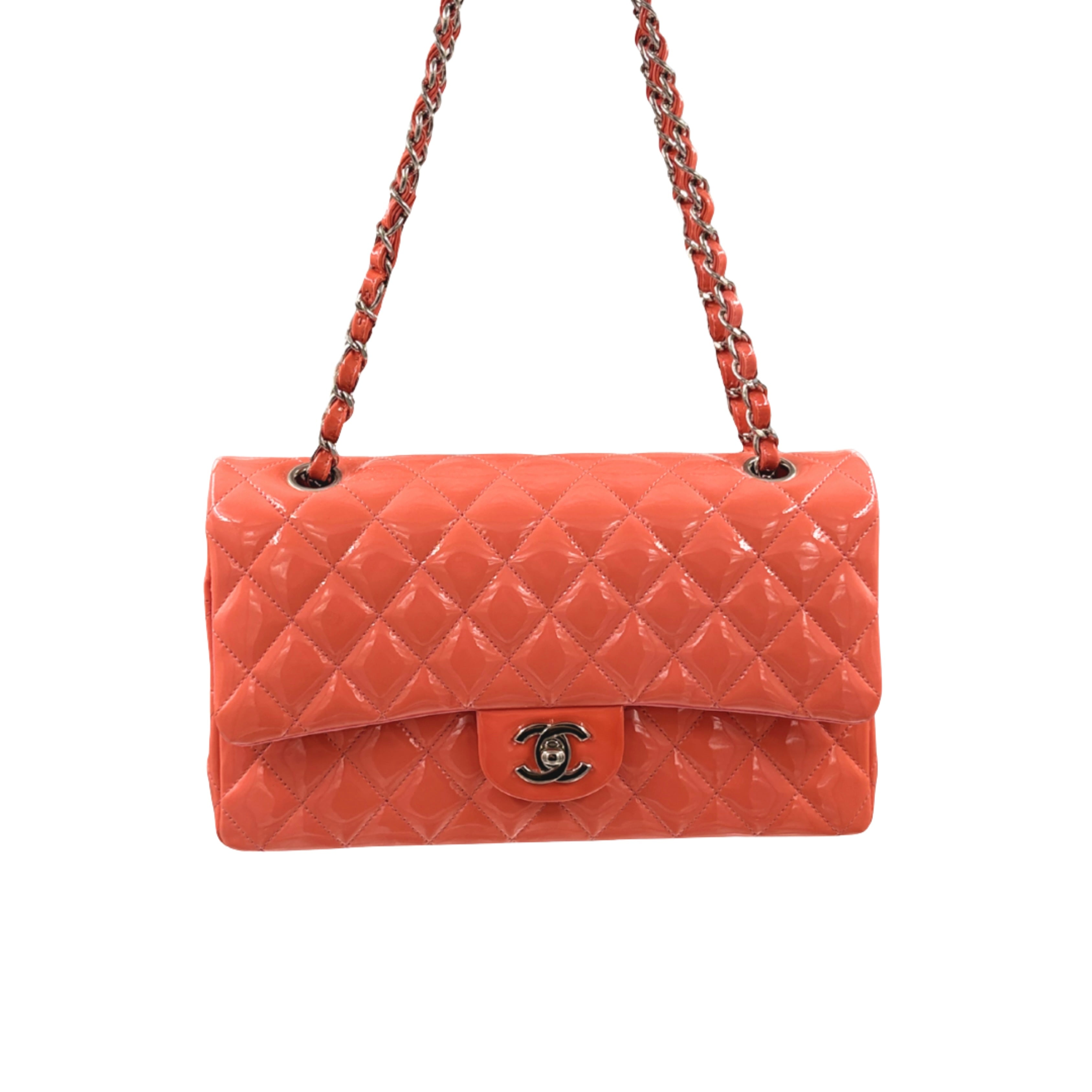 Classic Double Flap Medium Coral Orange Patent Leather