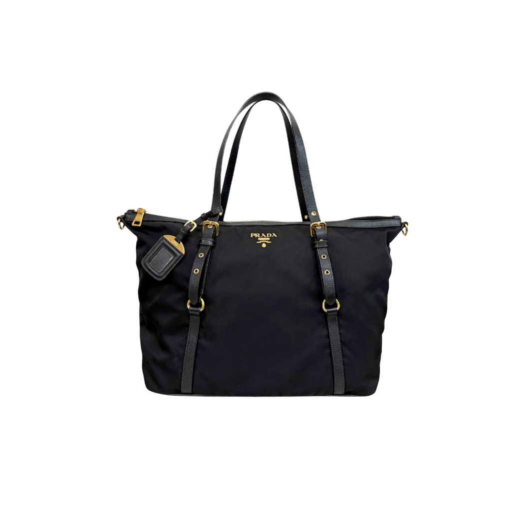 Tessuto Nylon Saffiano Black Leather Tote Bag Gold Hardware