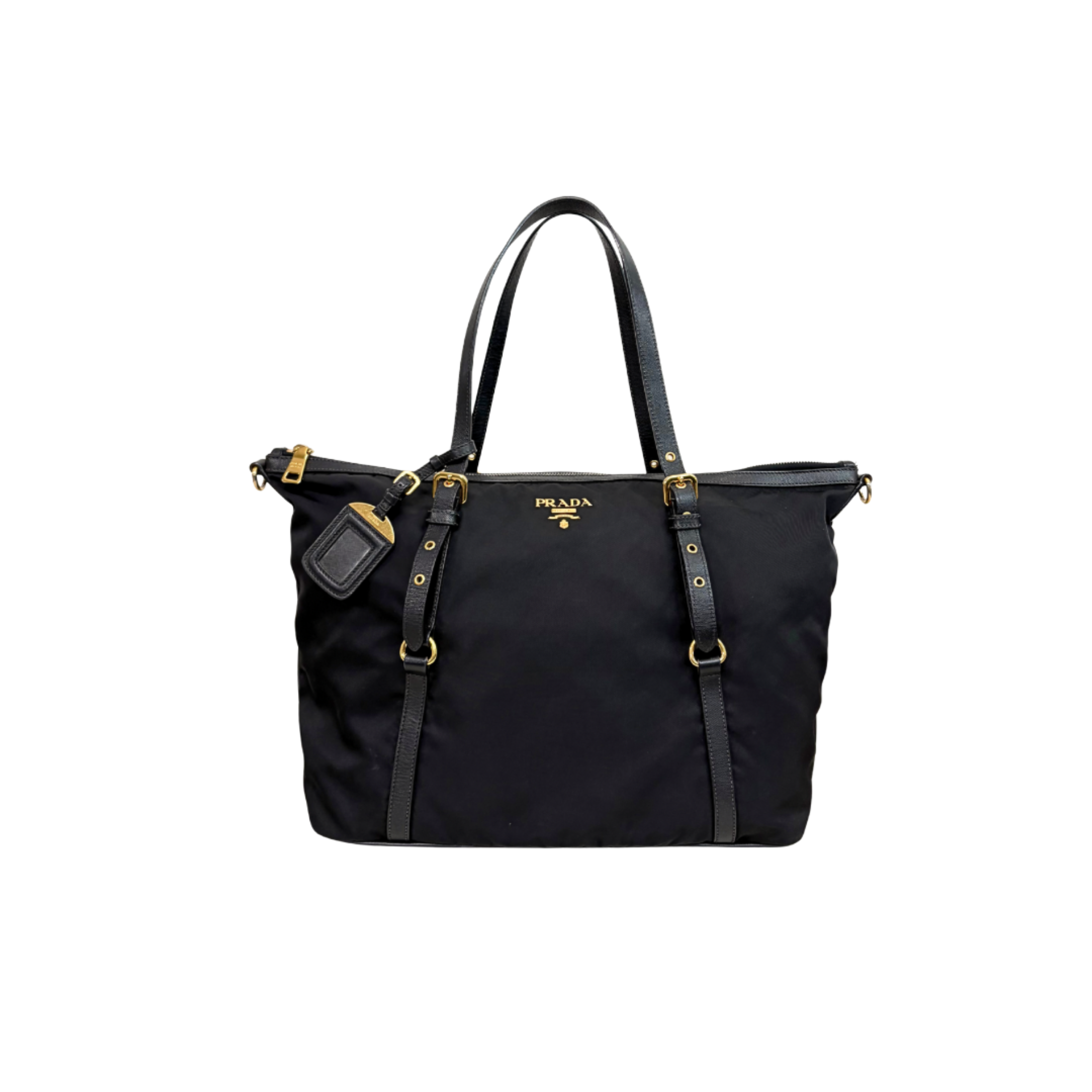 Tessuto Nylon Saffiano Black Leather Tote Bag Gold Hardware