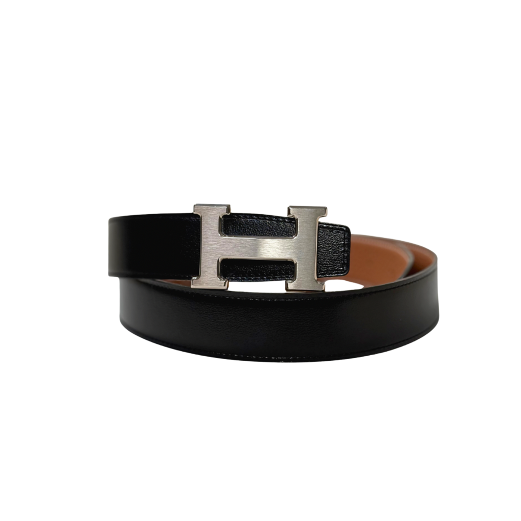 H Buckle Belt Black/Tan Silver Hardware Size 85