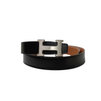 H Buckle Belt Black/Tan Silver Hardware Size 85