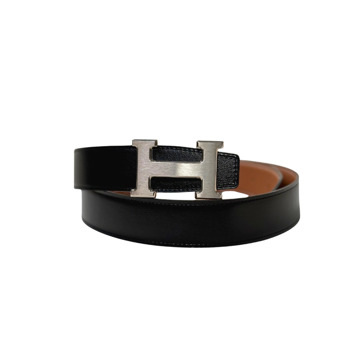 H Buckle Belt Black/Tan Silver Hardware Size 85