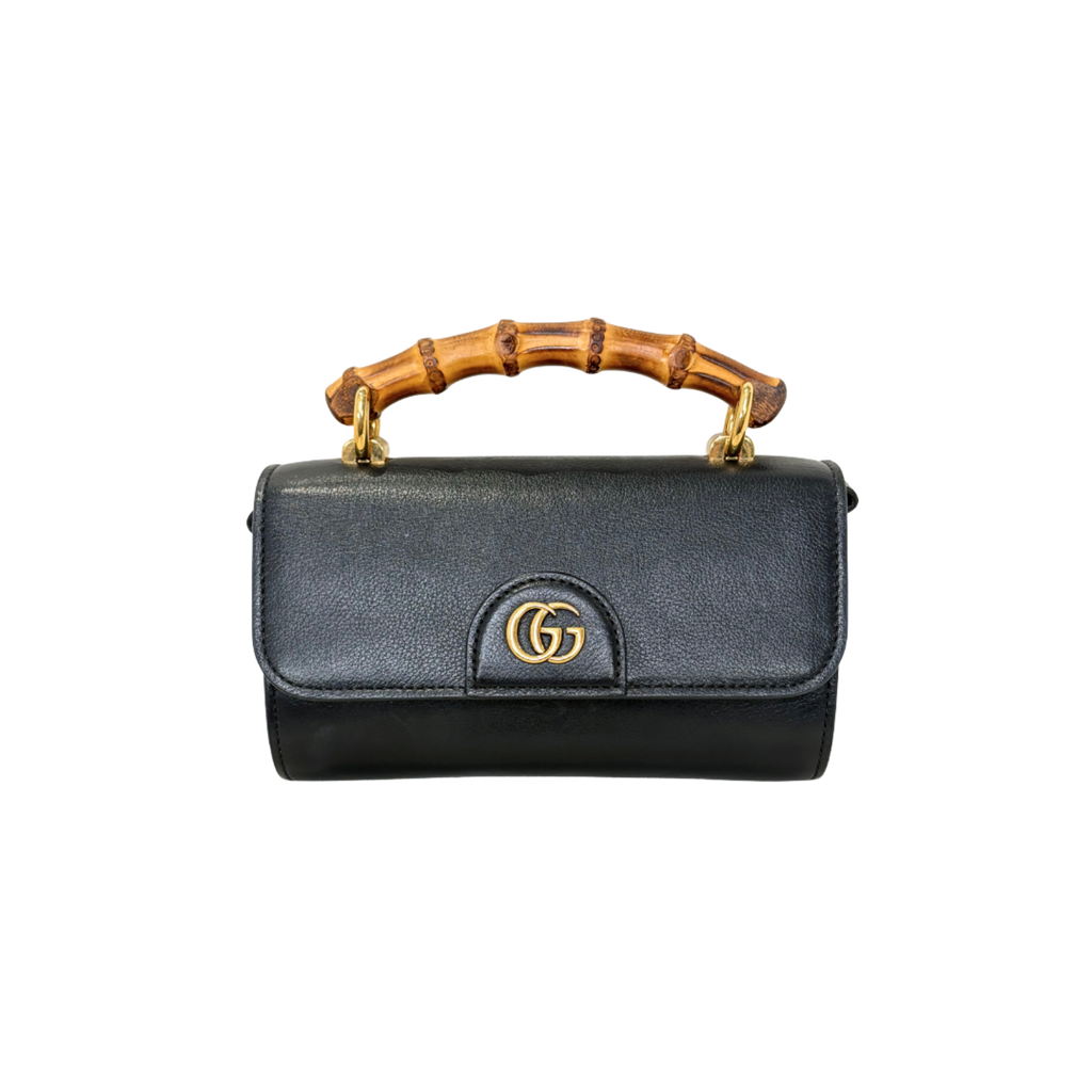 Mini Bamboo Top Handle Bag Black Gold Hardware