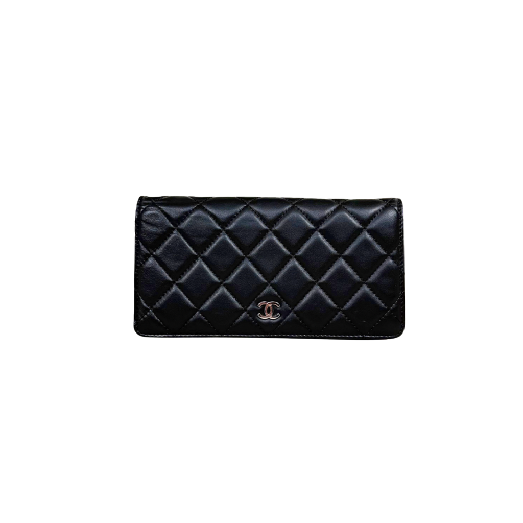 Long Wallet Black Lambskin Leather Silver Hardware