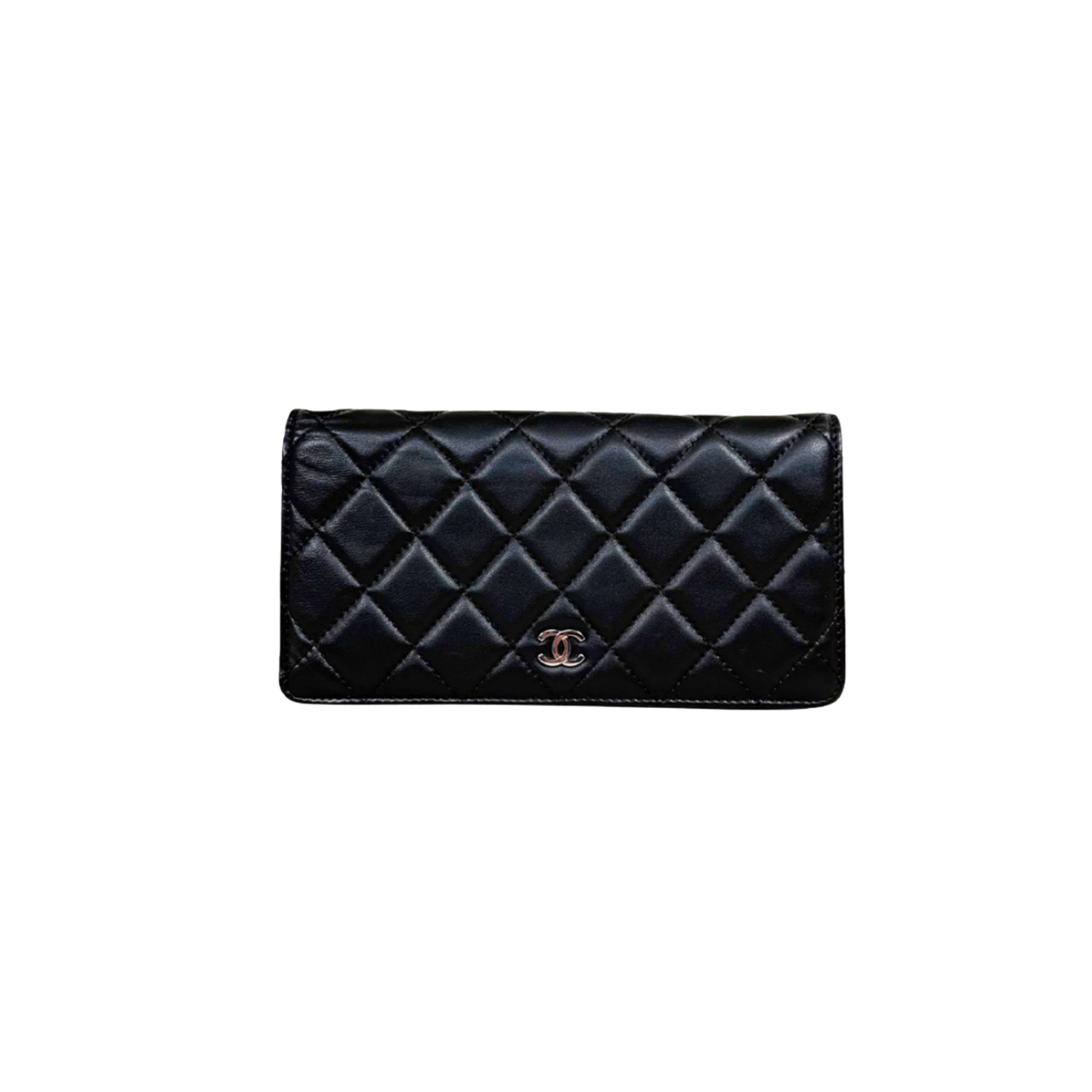 Long Wallet Black Lambskin Leather Silver Hardware
