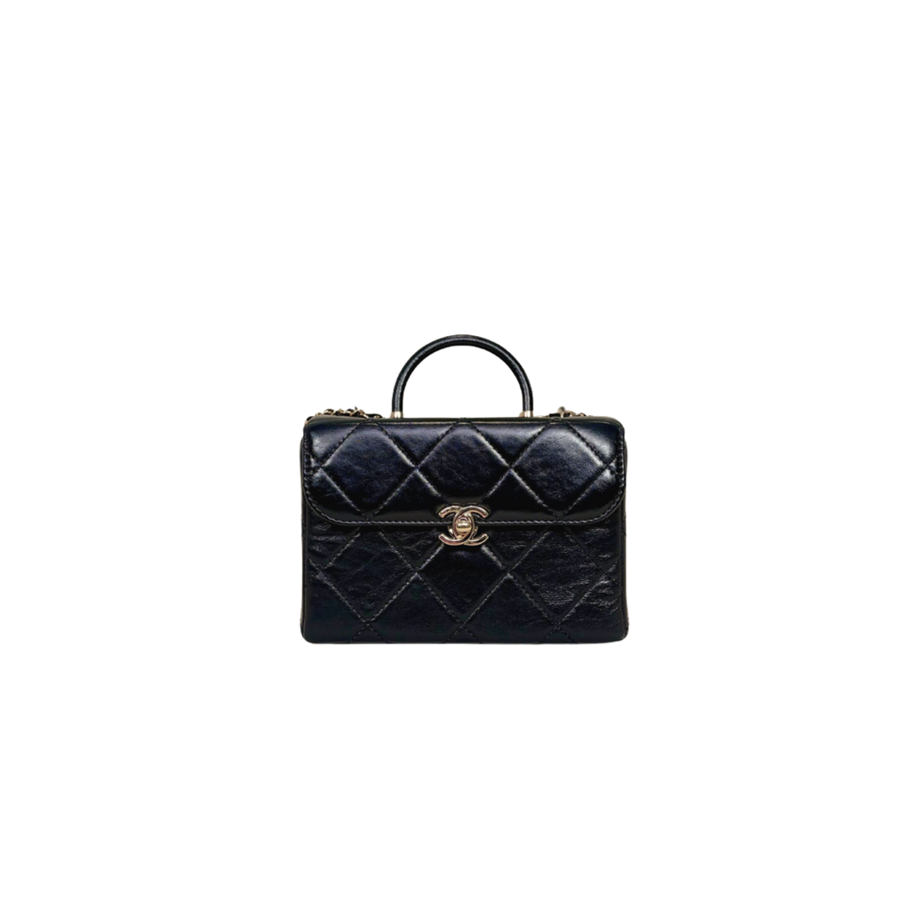 Vanity Top Handle Black Shiny Lambskin Leather Gold Hardware