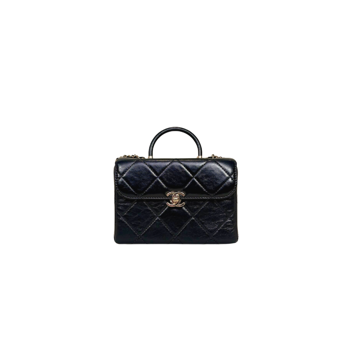 Vanity Top Handle Black Shiny Lambskin Leather Gold Hardware