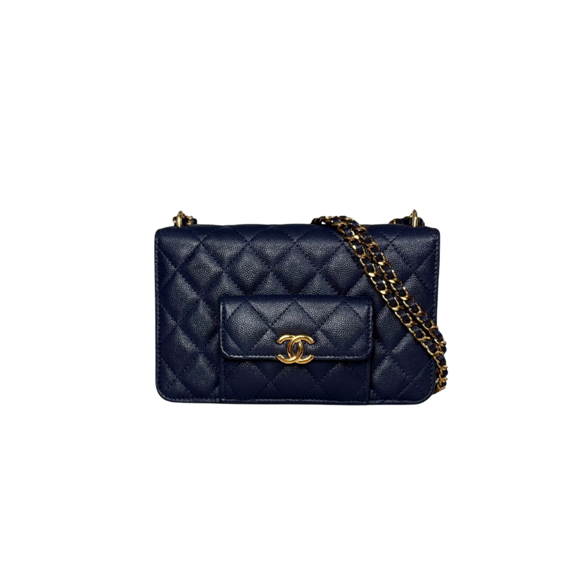 Pocket Twins Wallet On Chain Mini Navy Blue Caviar Gold Hardware Microchipped