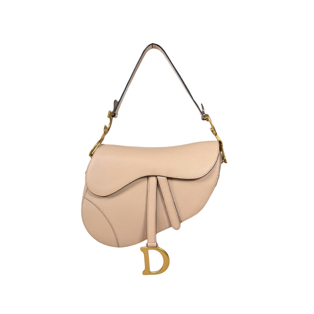 Saddle Bag Medium Beige Grained Calfskin Leather Gold Hardware