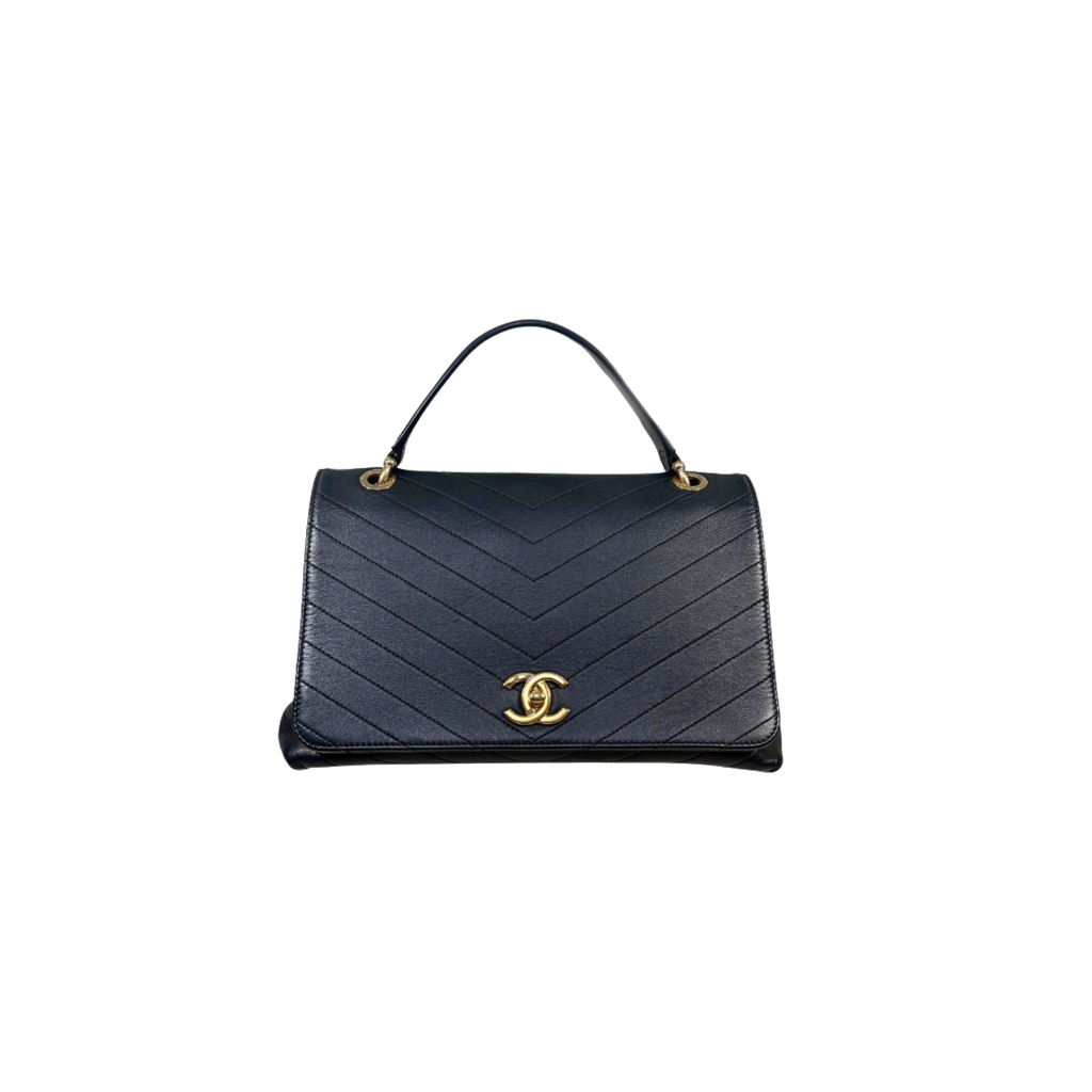 Chevron Chic Flap Bag Medium Black Calfskin Leather Gold Hardware