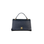 Chevron Chic Flap Bag Medium Black Calfskin Leather Gold Hardware