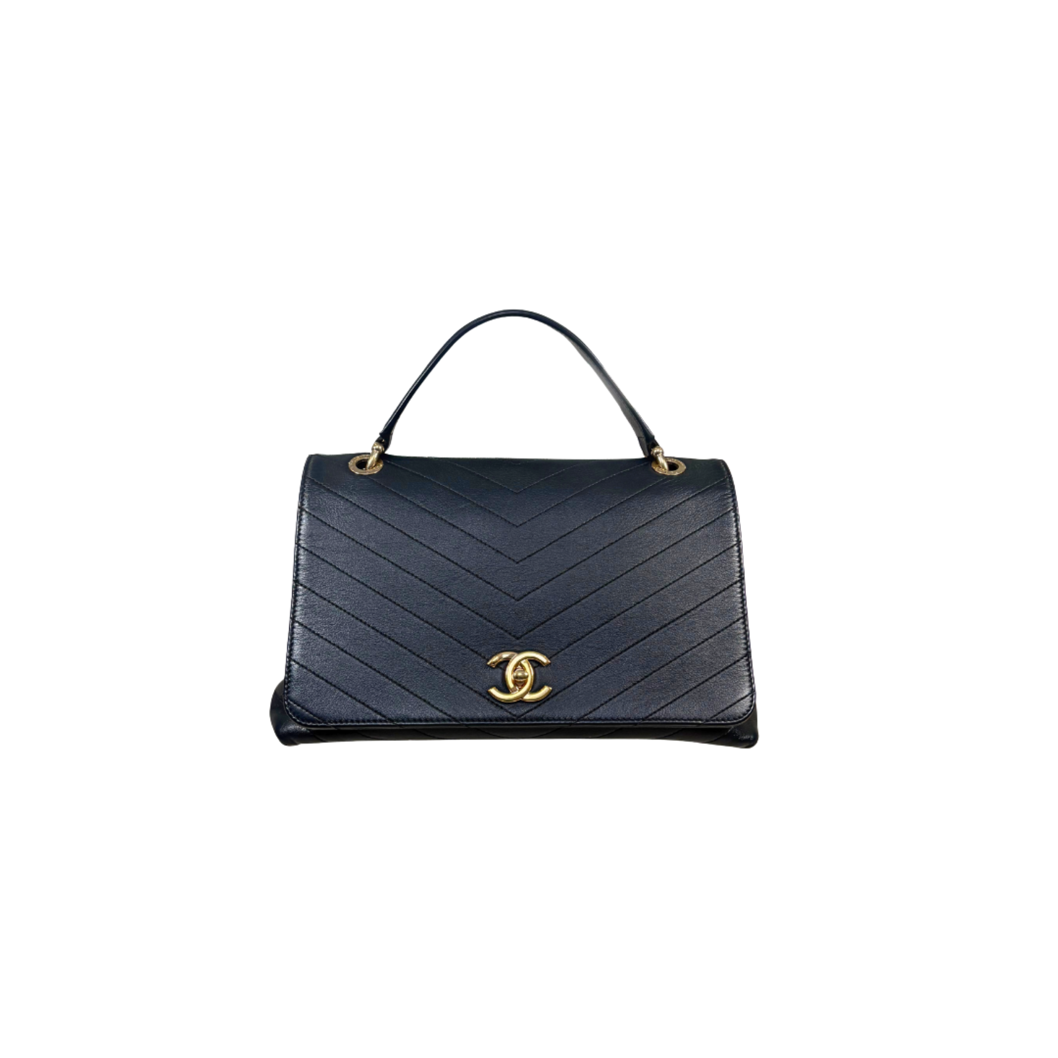 Chevron Chic Flap Bag Medium Black Calfskin Leather Gold Hardware