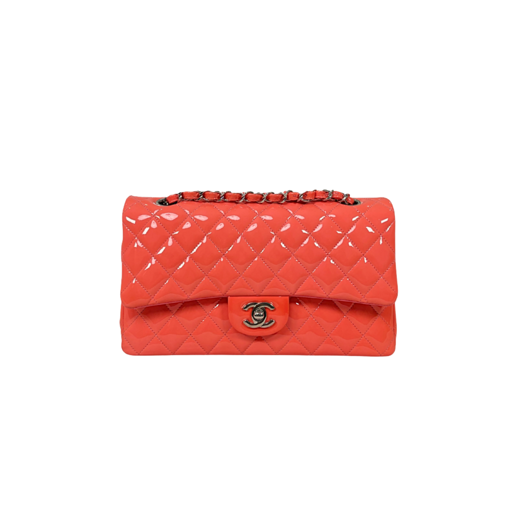 Classic Double Flap Medium Coral Orange Patent Leather Series 21
