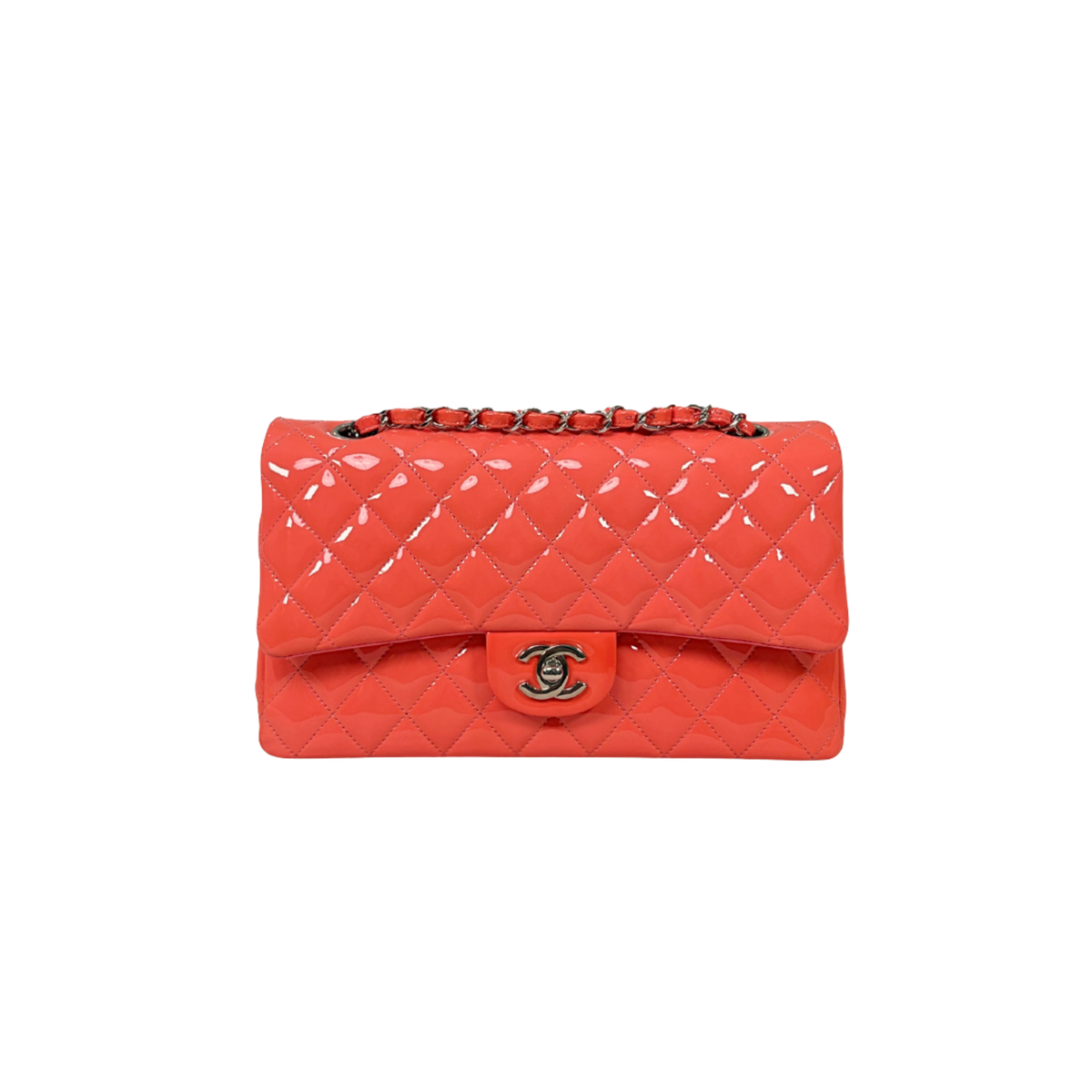 Classic Double Flap Medium Coral Orange Patent Leather Series 21
