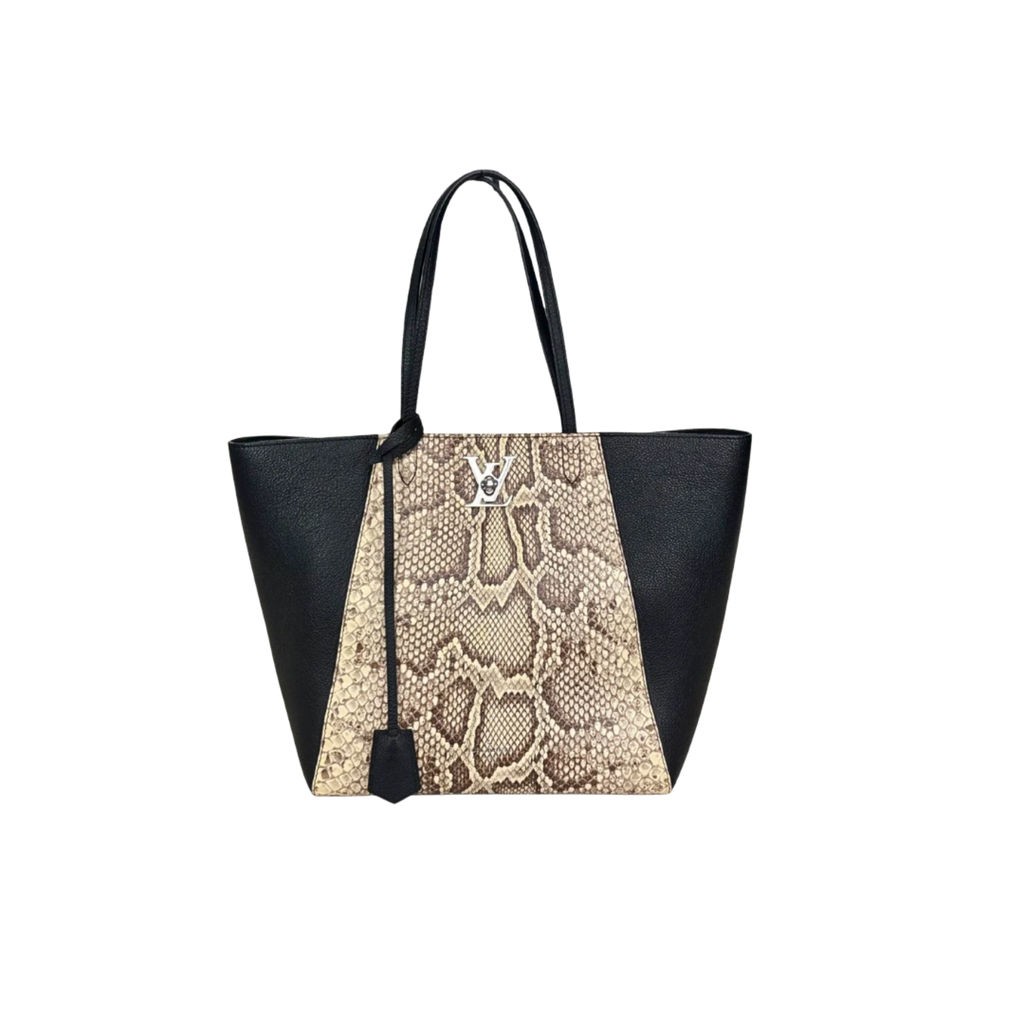 Lock Me Tote Bag Black Python Leather Silver Hardware