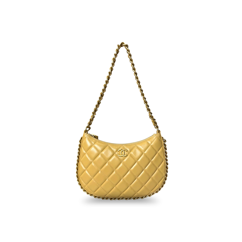 Hobo Bag Yellow Lambskin Leather Gold-Tone Hardware