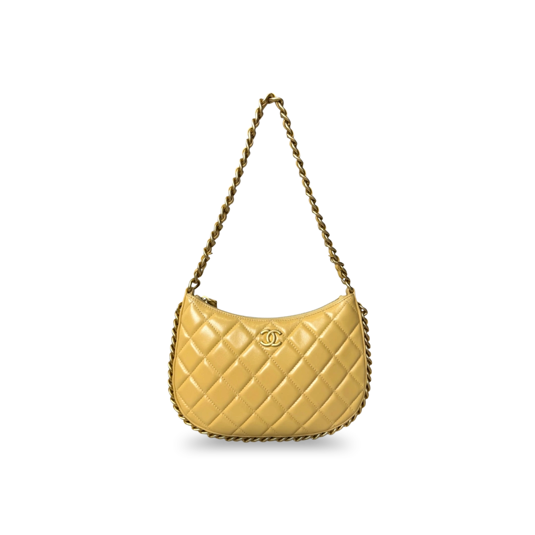 Hobo Bag Yellow Lambskin Leather Gold-Tone Hardware