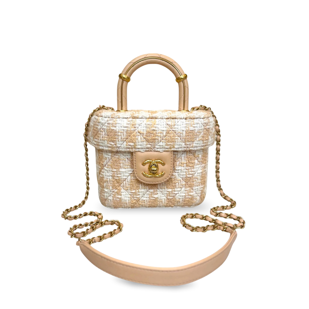Tweed Mini Square Flap Bag Light Orange Ecru Gold Hardware