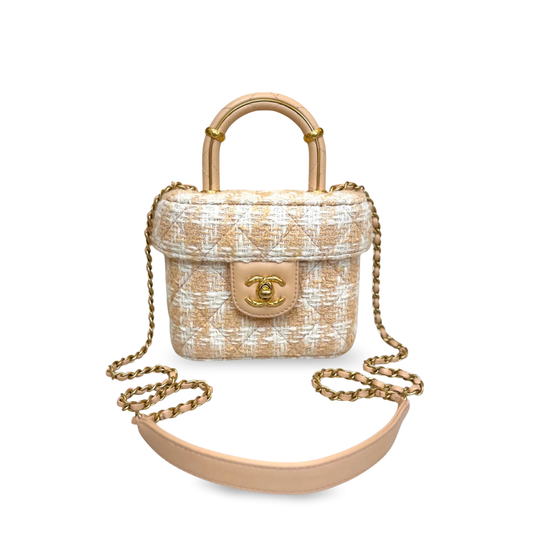 Tweed Mini Square Flap Bag Light Orange Ecru Gold Hardware