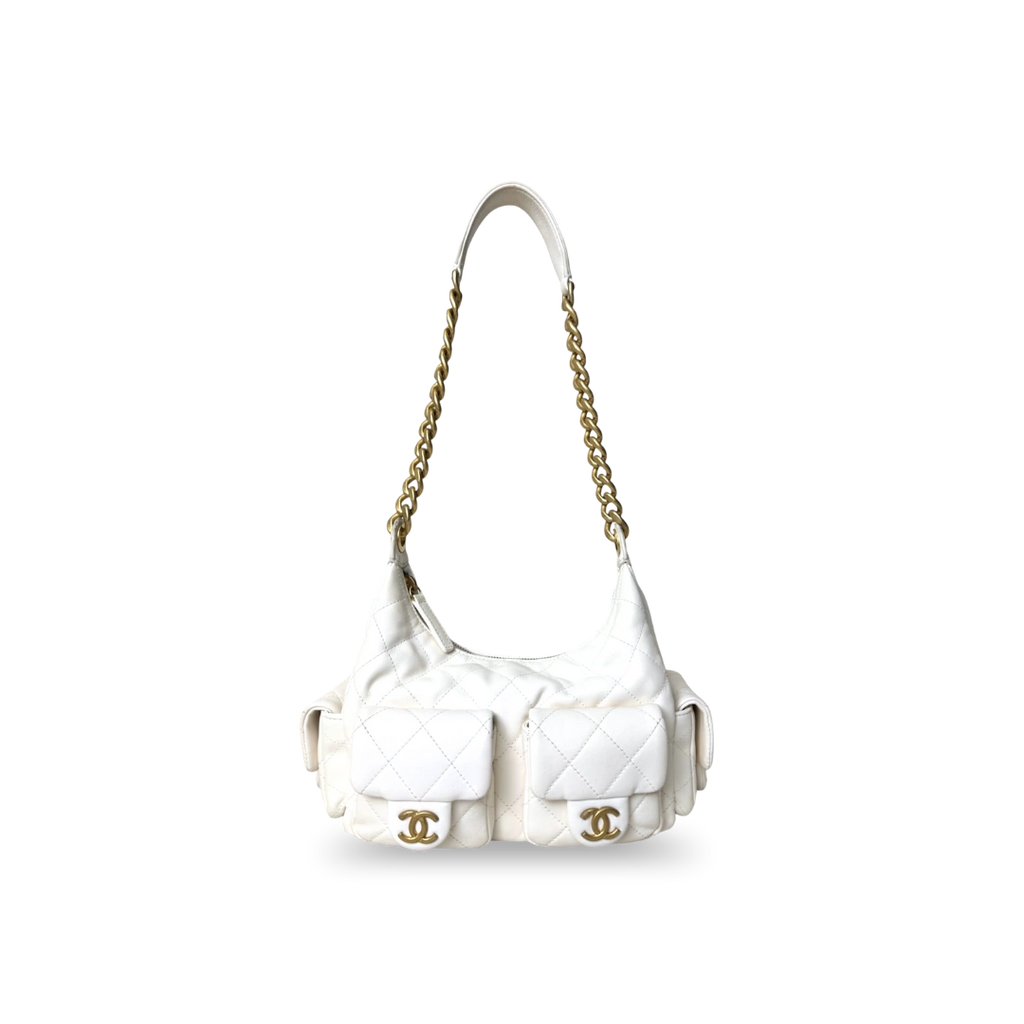 Maxi Hobo White Lambskin Leather Gold-Tone Metal Hardware