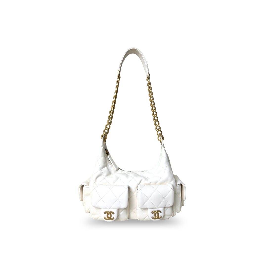 Maxi Hobo White Lambskin Leather Gold-Tone Metal Hardware