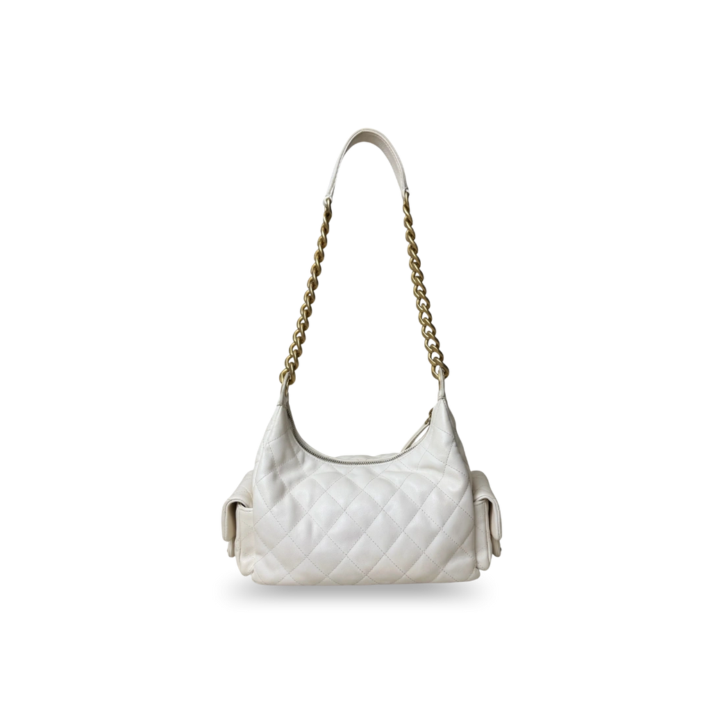 Maxi Hobo White Lambskin Leather Gold-Tone Metal Hardware