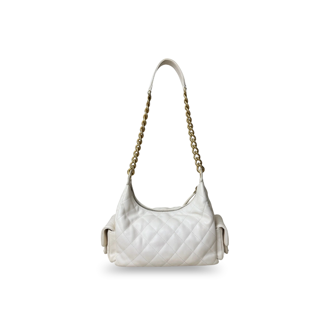 Maxi Hobo White Lambskin Leather Gold-Tone Metal Hardware