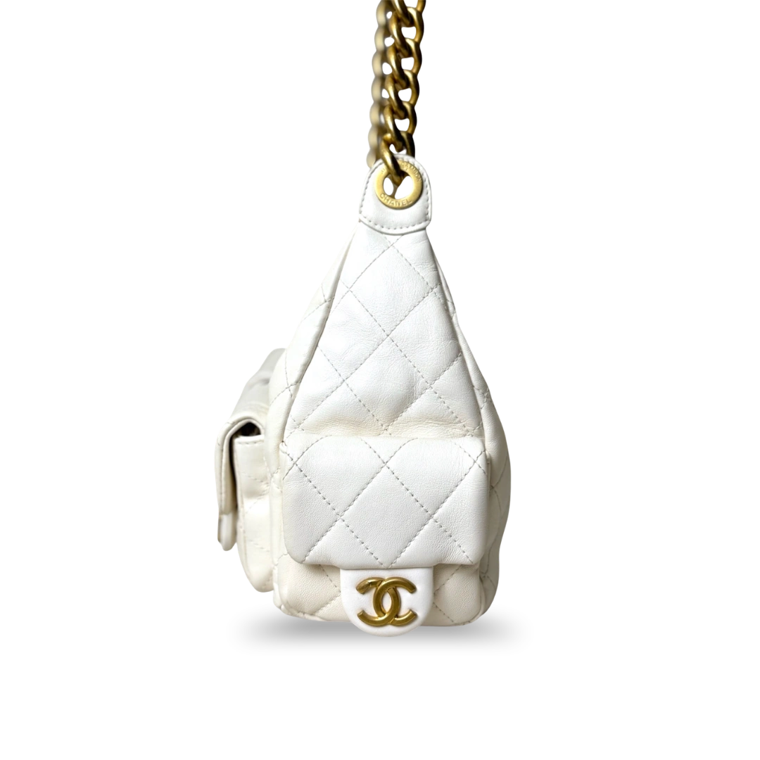 Maxi Hobo White Lambskin Leather Gold-Tone Metal Hardware