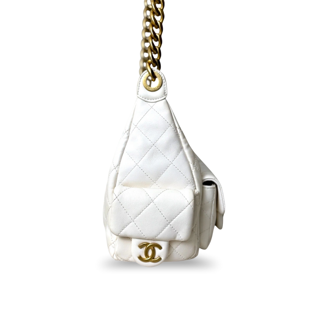 Maxi Hobo White Lambskin Leather Gold-Tone Metal Hardware