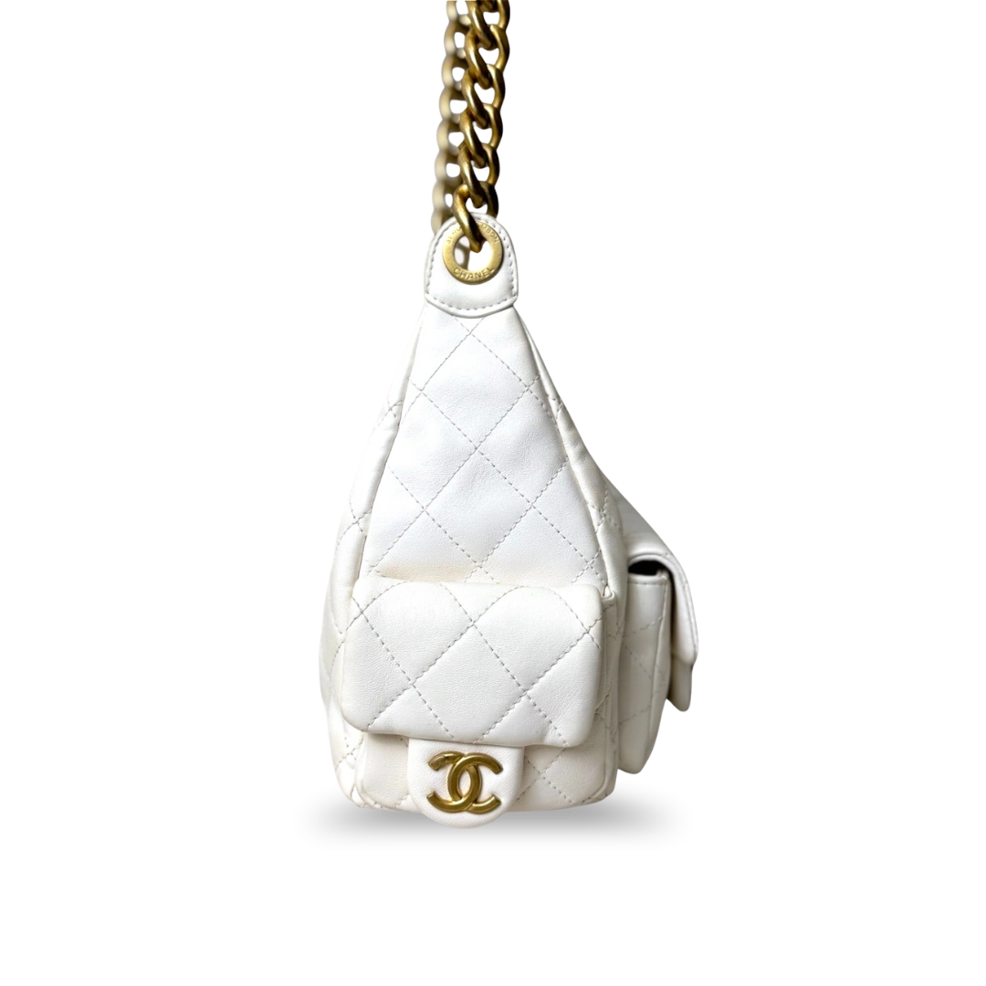 Maxi Hobo White Lambskin Leather Gold-Tone Metal Hardware