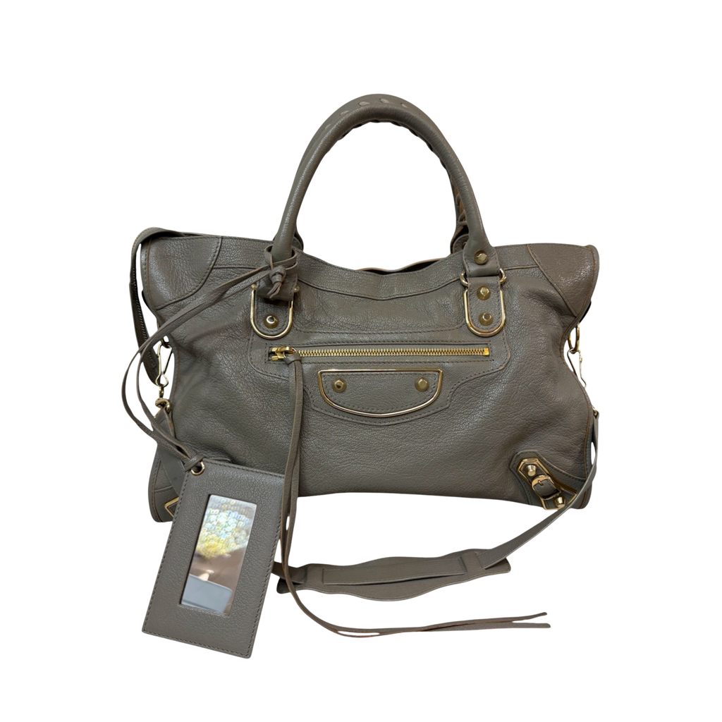 Metallic Edge Motorcycle City Bag Grey Grained Chevere Leather