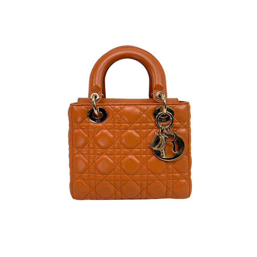 Lady Dior Small Orange Cannage Lambskin Leather ABC Strap Gold Hardware